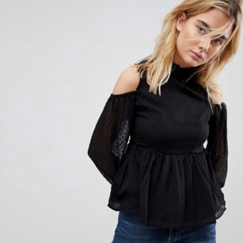 Walter Baker Shawna Cold Shoulder Swiss Dot Blouse Top Black